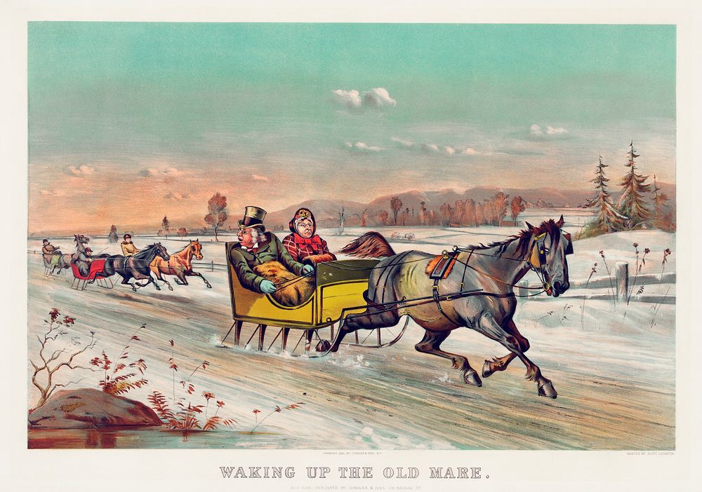 "Waking up the old mare" Chromolithograph (ca. 1881) by Currier & Ives. Original from Library of Congress. Digitally…