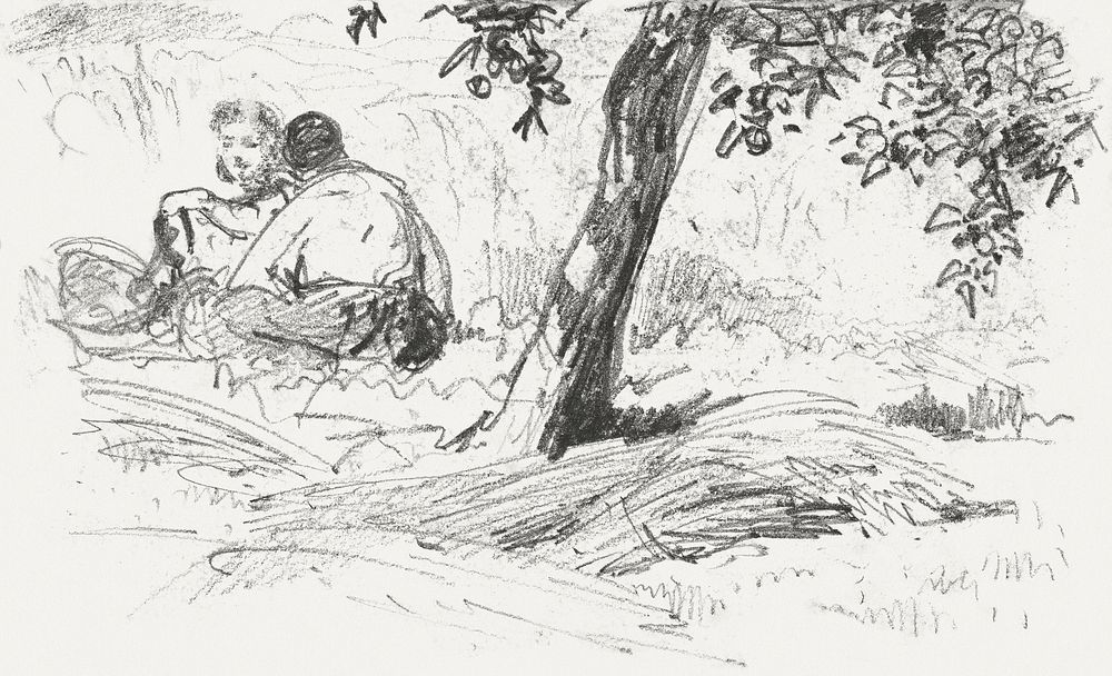Boy and Girl Seated by Tree from Scrapbook (1875) by John Singer Sargent. Original from The MET Museum. Digitally enhanced…