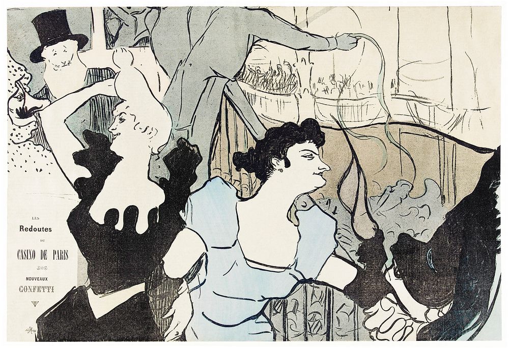 Affiche met aankondiging van gemaskerd bal in Casino van Parijs met portretten van Cha-u-kao en Yvette Guilbert (1892) print…