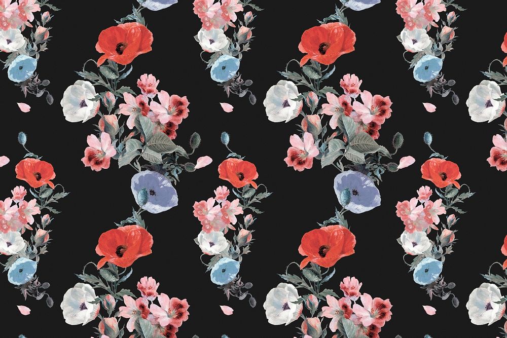 Black floral pattern background, natural design psd, remixed from original artworks by Pierre Joseph Redouté