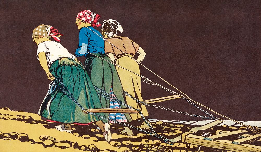 Women pulling cultivating machine illustration, remixed from artworks by Edward Penfield