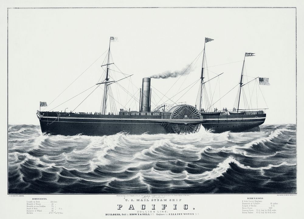 U.S mail steam ship The Pacific, illustrated by N. Currier. Original from Library of Congress. Digitally enhanced by…
