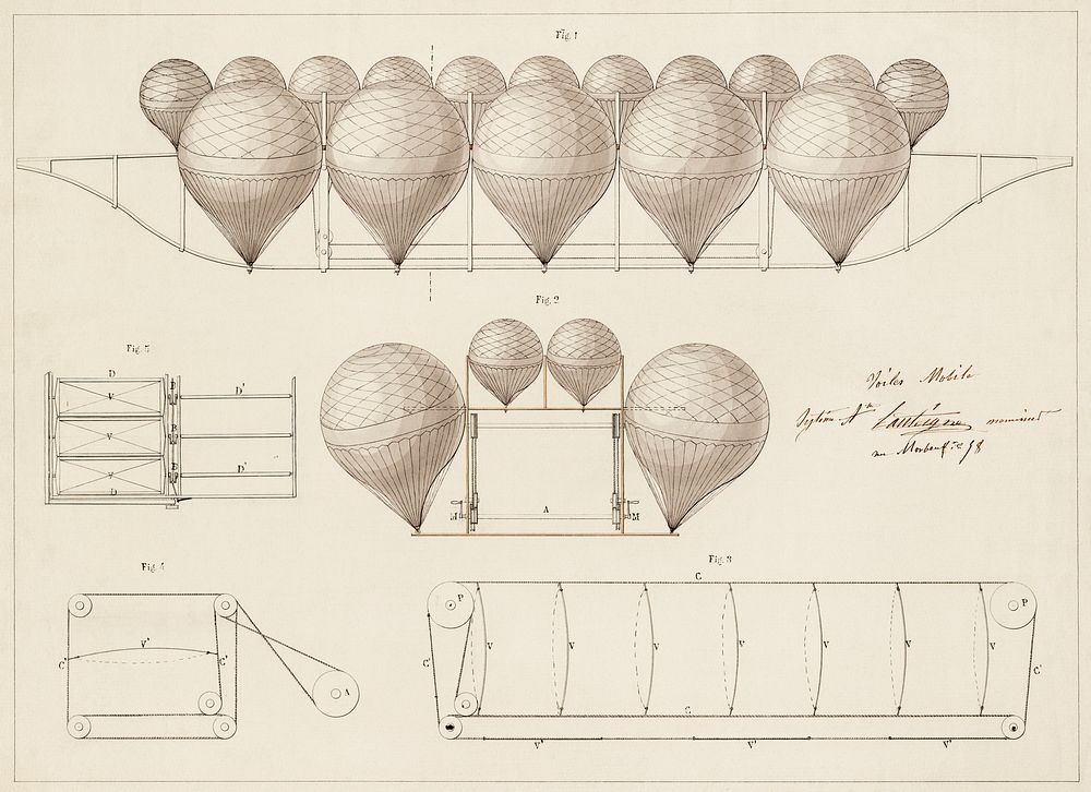 Auguste Lanteigne proposes a system of airship navigation utilizing a series of 16 balloons on a single keel. Original from…