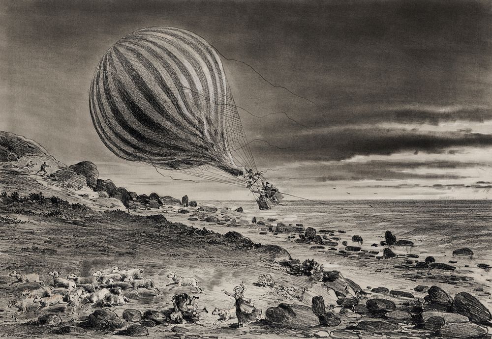 Descent of the balloon Neptune in the cliffs of Cap Gris-Nez baloon trip in Calais by Albert Tissandier. Original from…