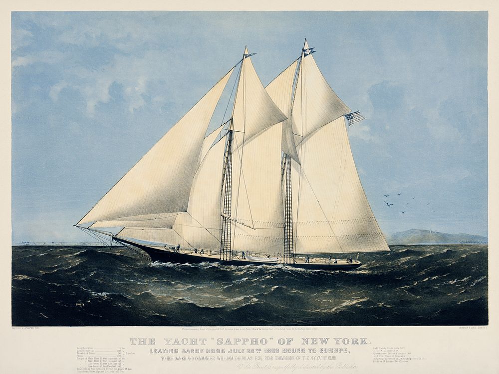 Chromolithograph of the yacht Sappho of New York published by Currier & Ives. Original from Library of Congress. Digitally…