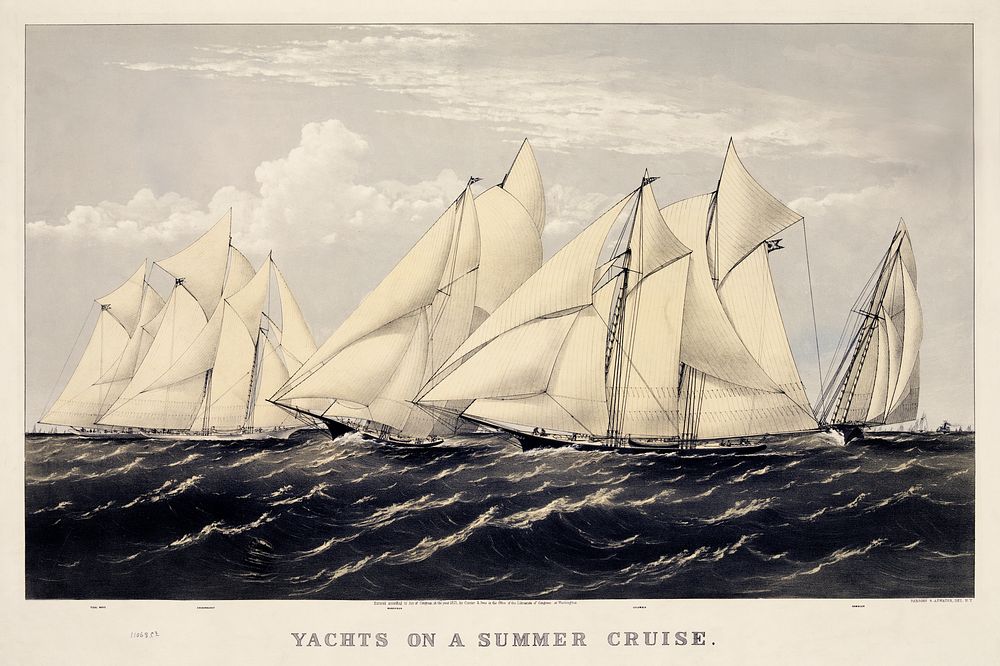 Yachts on a summer cruise published by Currier & Ives. Original from Library of Congress. Digitally enhanced by rawpixel.