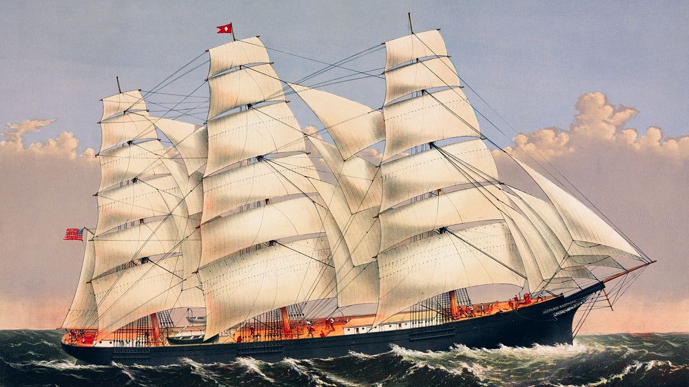 Vintage ship desktop wallpaper, background painting, Clipper Ship Three Brothers, remix from the artwork of Currier & Ives