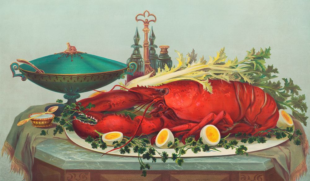 Luxurious dinner feast consisting of lobster, hard boiled eggs, and vegetables by L. Prang & Co., (c.1877). Original from…