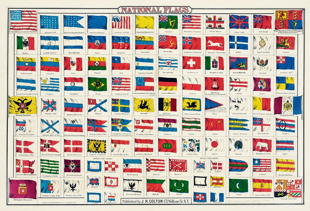 National Flags by an unknown artist, showing  emblems and flags of different countries. Original from Library of Congress.…