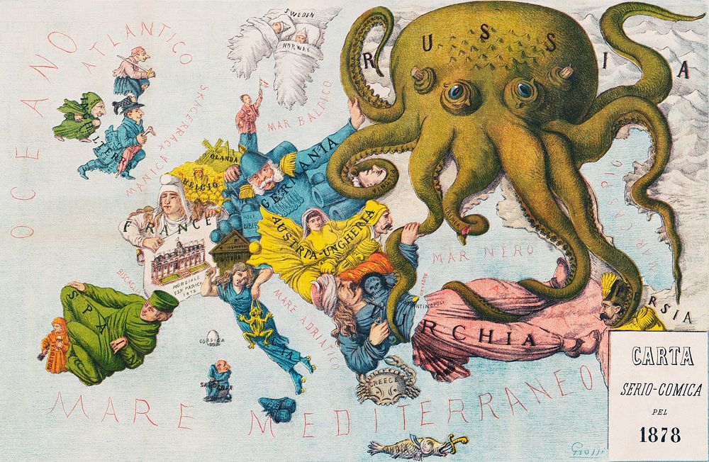 Papagallo no.15 la Piovra Russa Anno VI by Augusto Grossi (1835-1919), a cartoon depiction of Europe in 1878, using…