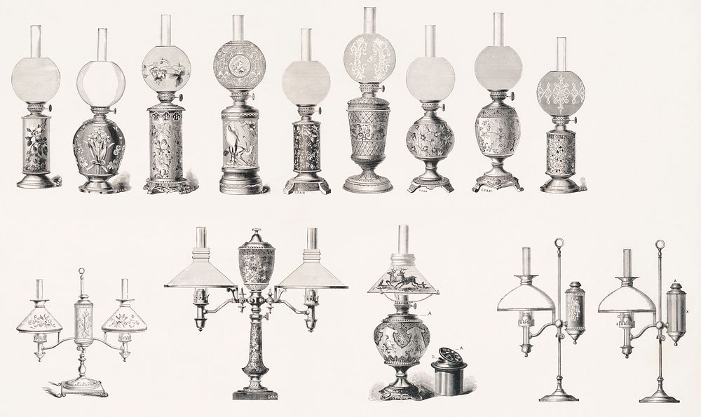Various designs of student Kerosene and oil lamps by Charles F.A Hinrichs. Original from Library of Congress. Digitally…