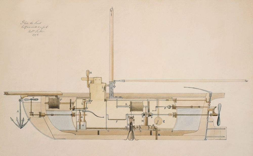 Illustration by an American engineer and inventor, Robert Fulton (1765-1815), of longitudinal section of a submarine vessel…