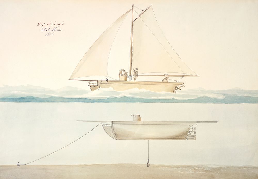 Illustration by an American engineer and inventor, Robert Fulton (1765-1815), of submarine vessel under sail and anchored…