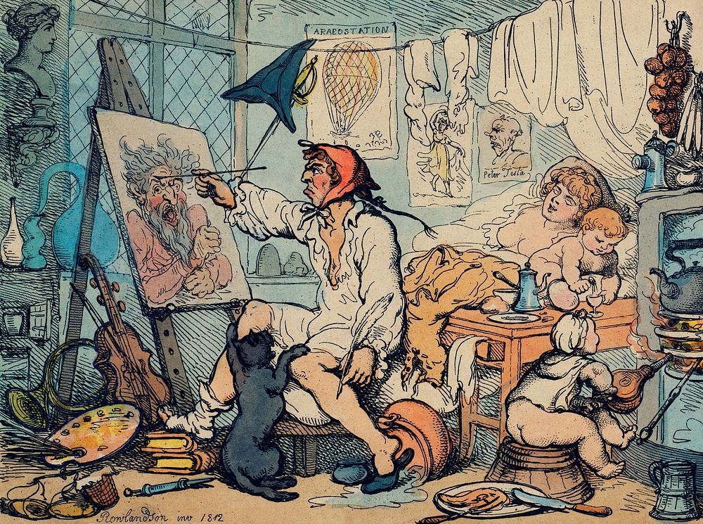 The Chamber of Genius by Thomas Rowlandson (1756-1827), a caricature of a poverty-stricken artist painting at his home with…
