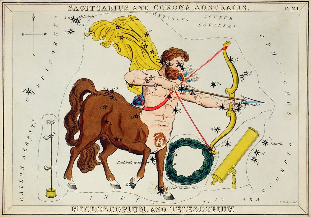 Sidney Hall&rsquo;s (1831) astronomical chart illustration of Sagittarius and Corona Australis, Microscopium and…