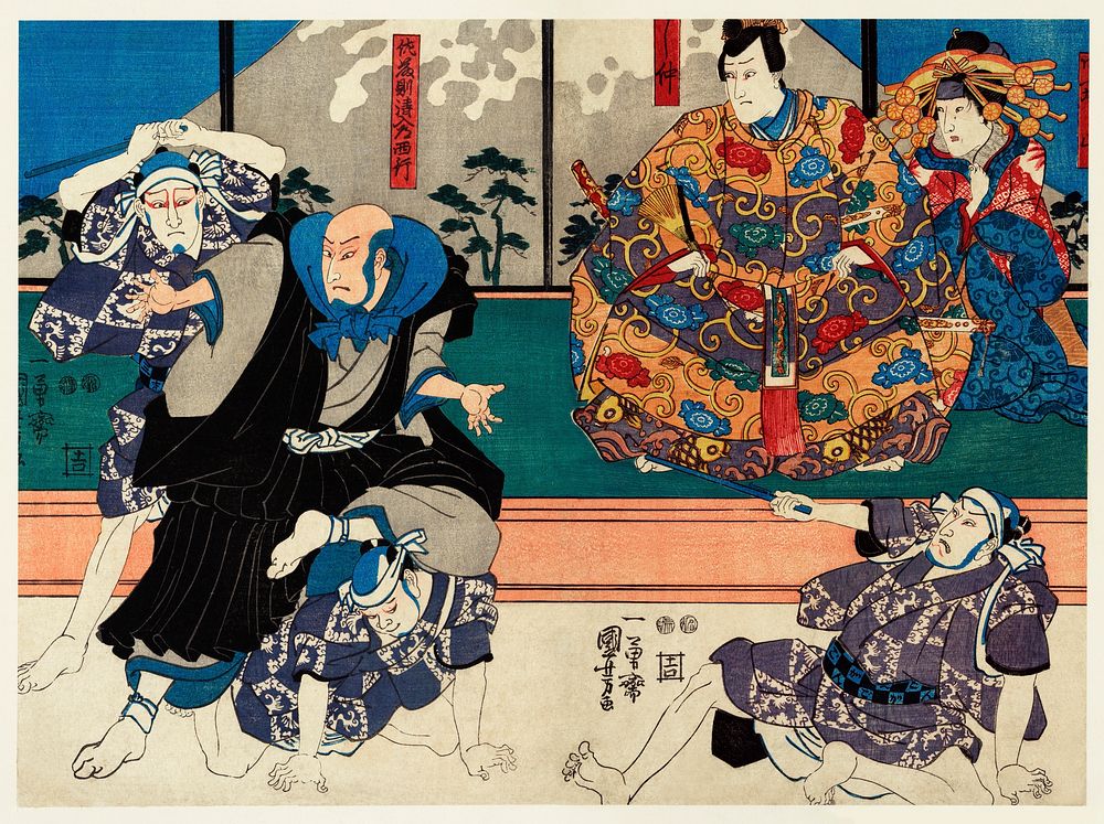 Sato Norikiyo Nyudo Saigo Yoshinaka by Utagawa Kuniyoshi (1753-1806), a traditional Japanese ukiyo-e style diptych…