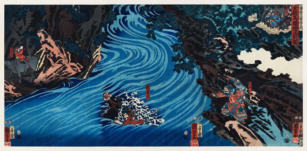Gentoku Uma o Odorashite Tankei o Koeru zu by Utagawa Kuniyoshi (1798-1861), a woodcut triptychs of the warlord &ldquo;Liu…
