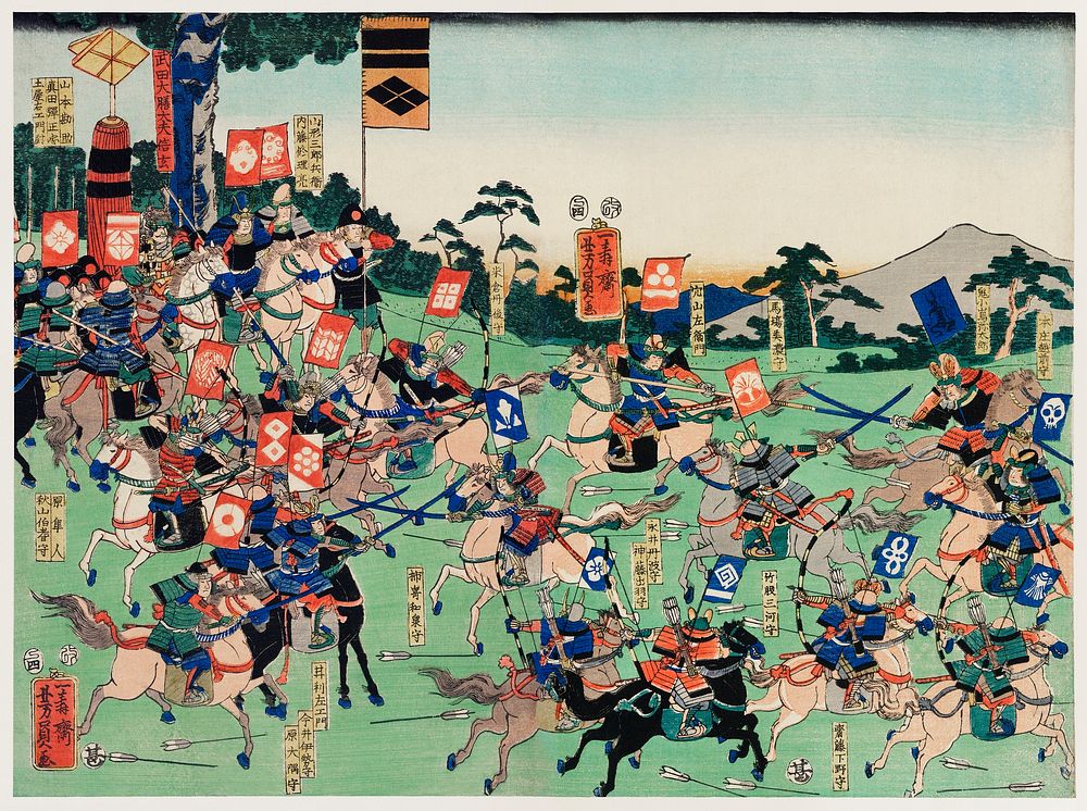 Kawanakajima no Kassen by Utagawa Kuniyoshi (1798-1861), a woodcut diptych of battle at Kawanakajima, showing two armies of…