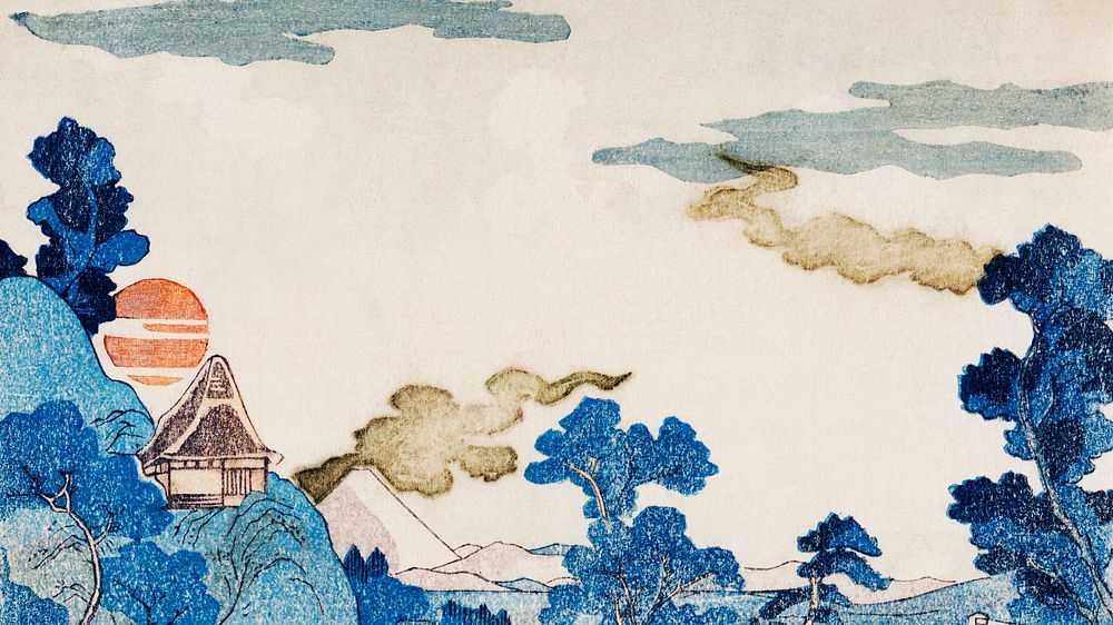 Vintage desktop wallpaper, background painting, Fuji no Yukei, remix from the artwork of Utagawa Kuniyoshi