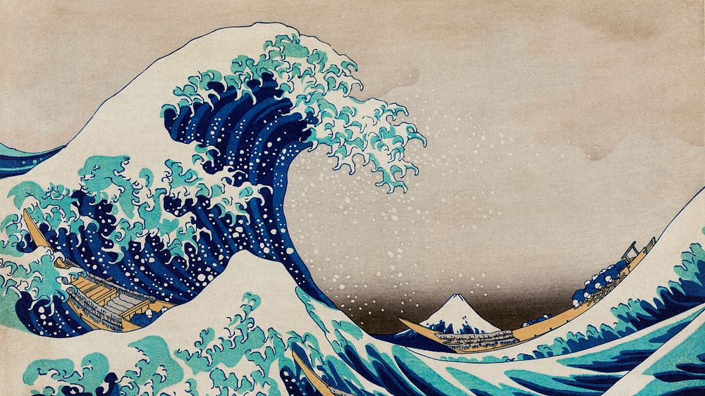 Hokusai vintage wallpaper, Japanese desktop background, The Great Wave off Kanagawa woodblock print