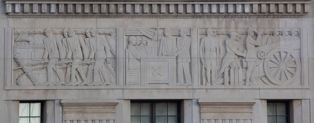 Exterior bas-relief, Theodore Levin United States Courthouse, Detroit Federal Building, Detroit, Michigan (2010) by Carol M.…