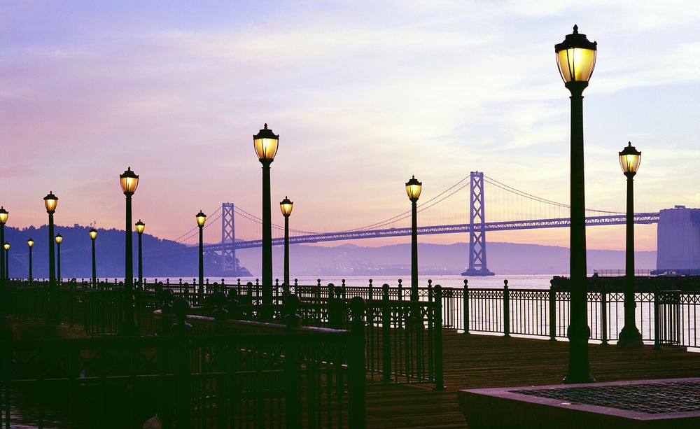 San Francisco Bay Bridge Lights at Dusk. Original image from Carol M. Highsmith&rsquo;s America, Library of Congress…