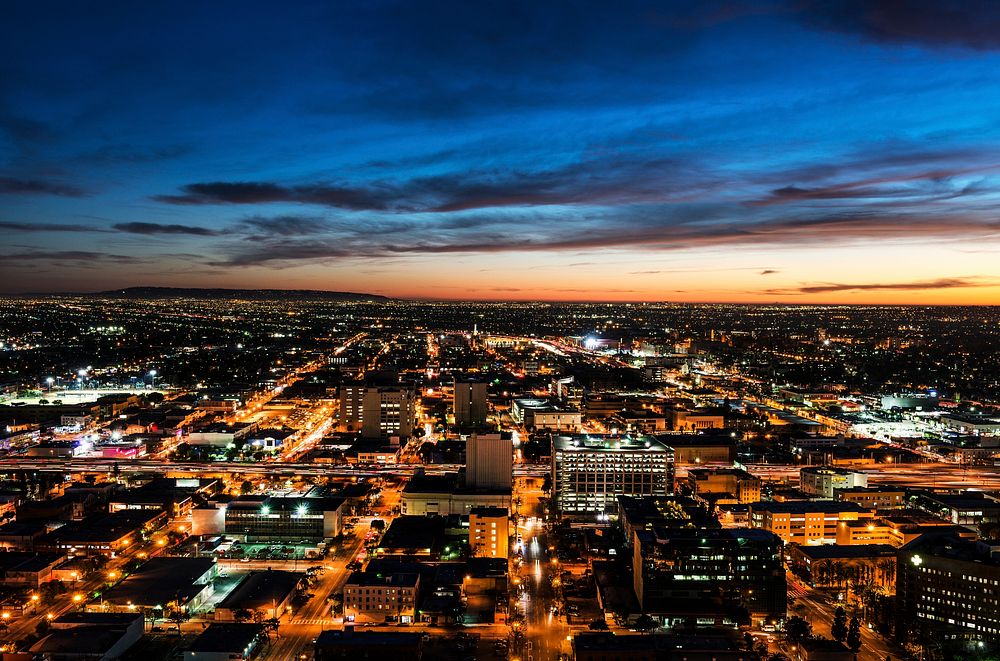 Night skyline of Los Angeles, California. Original image from Carol M. Highsmith&rsquo;s America, Library of Congress…