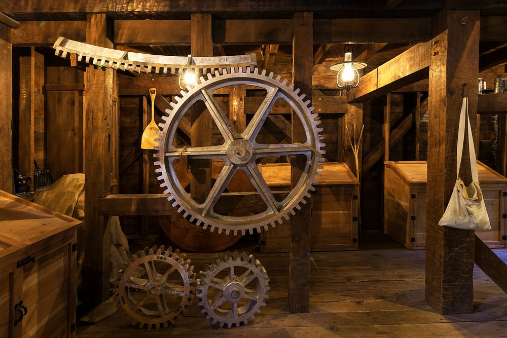 Interior tools and milling equipment at the Bale Grist Mill, now a California Historic Park. Original image from Carol M.…