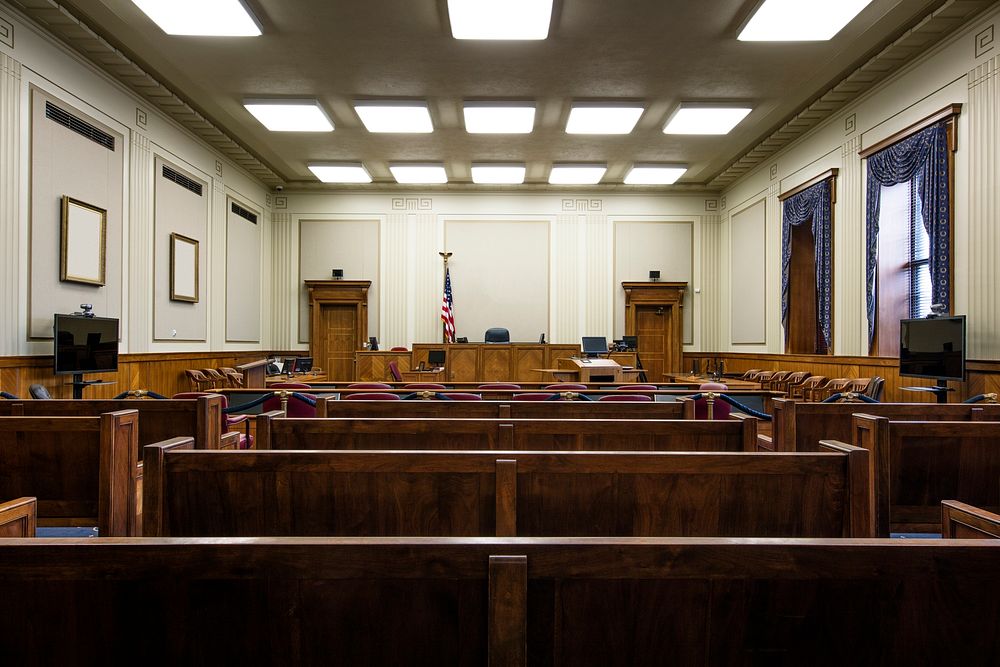 Courtroom in the Federal Building and U.S.Courthouse built by architect Henry B. Carter in 1938. Original image from Carol…