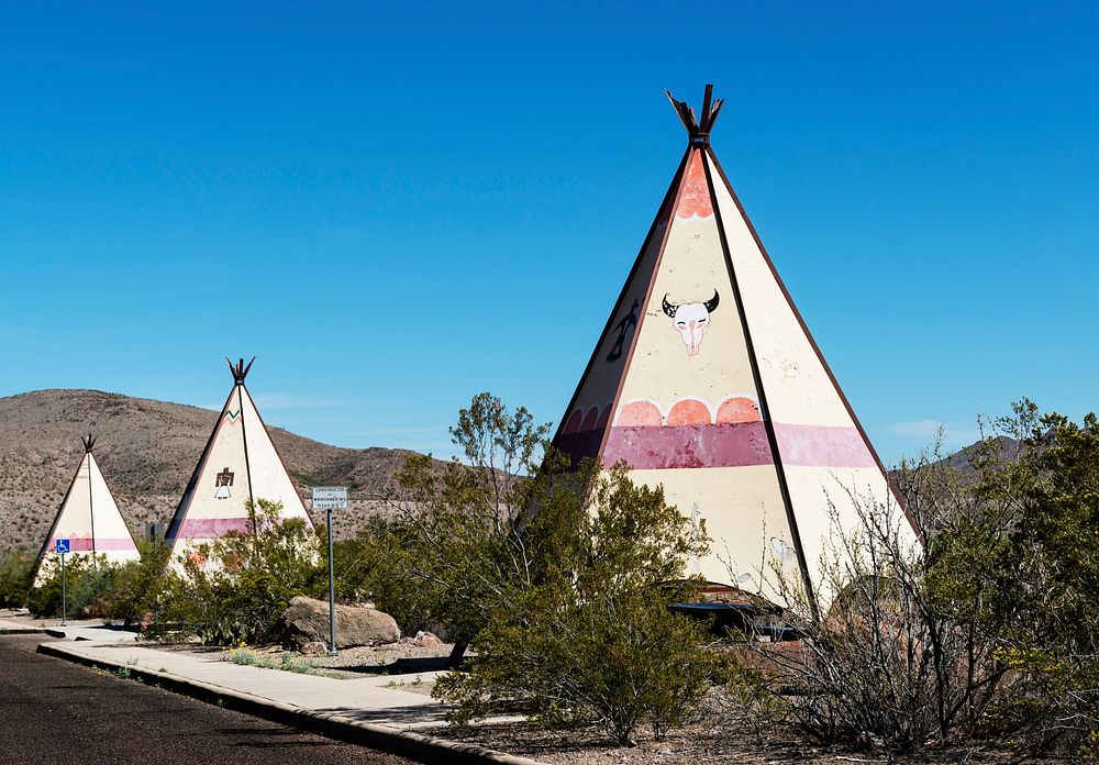 Tipi-themed rest stop in arid Big Bend Ranch State Park in Brewster County, Texas. Original image from Carol M.…