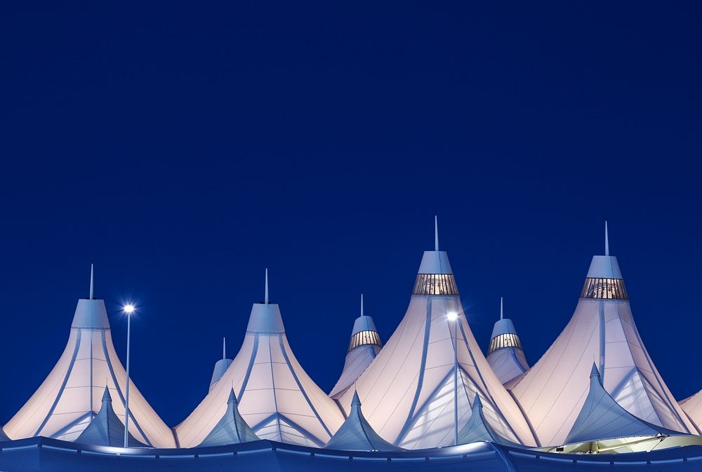 Denver International Airport's peaked roof, outside Denver, Colorado, designed by Fentress Bradburn Architects.Original…