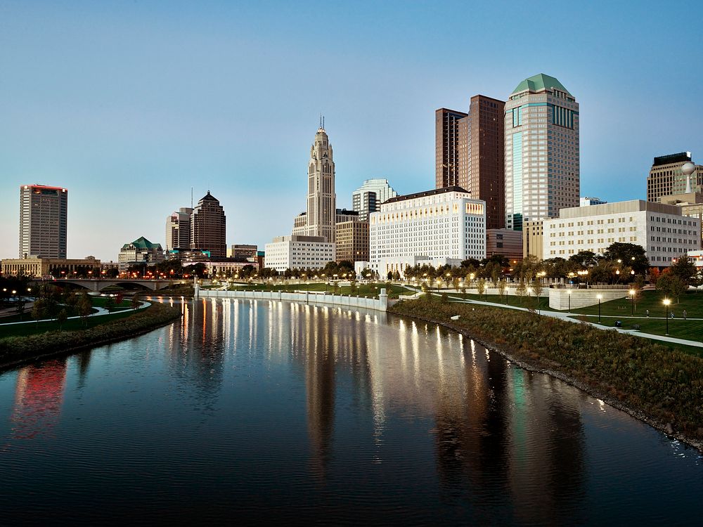 Dusk shot of Columbus, Ohio, from a point along the Scioto River. Original image from Carol M. Highsmith&rsquo;s America…