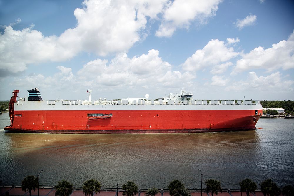 A heavy-equipment transport ship at the Savannah River in Savannah, Georgia. Original image from Carol M. Highsmith&rsquo;s…