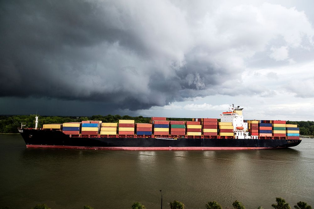 An oceangoing container ship plies the busy Savannah River in Savannah, Georgia. Original image from Carol M.…