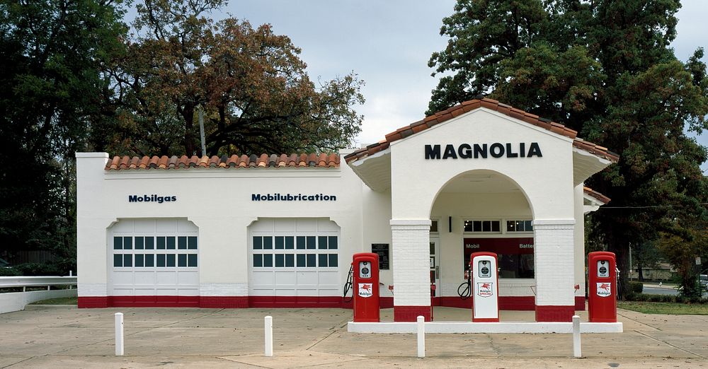 Magnolia Mobil Gas station, Arkansas (1980-2006) by Carol M. Highsmith. Original image from Library of Congress. Digitally…