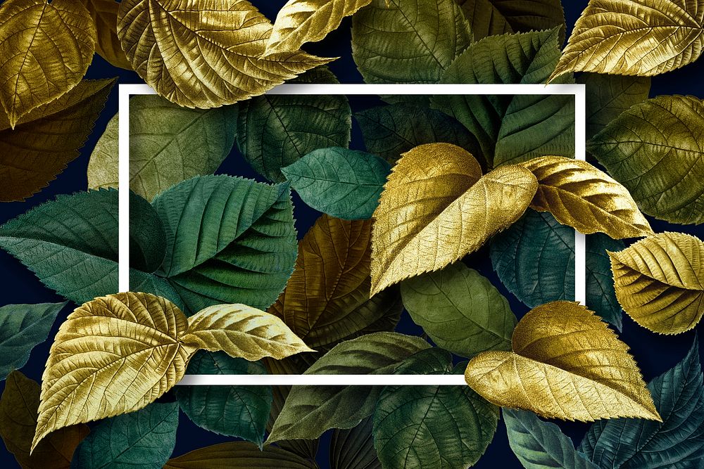 White rectangle frame on a metallic leaves textured background vector