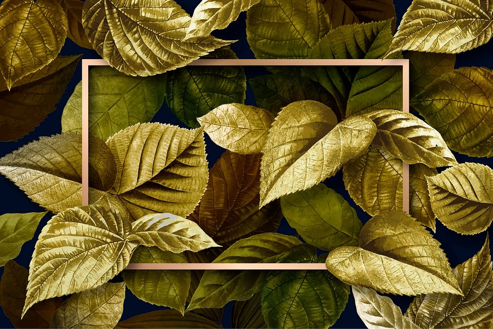 Gold rectangle frame on a metallic leaves textured background vector