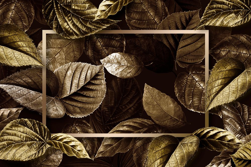 Gold rectangle frame on a metallic leaves textured background illustration
