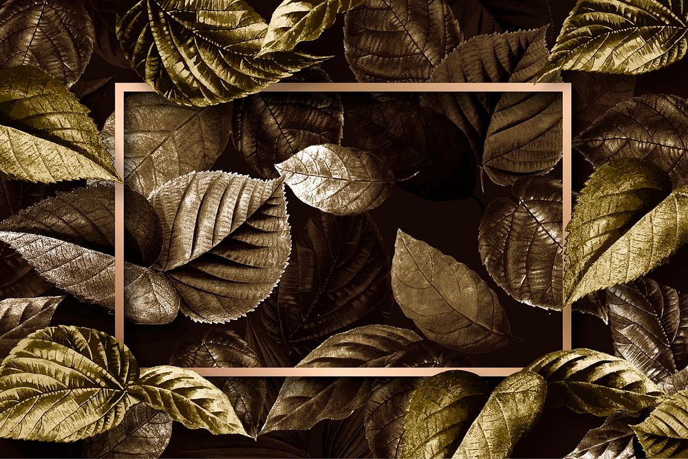 Gold rectangle frame on a metallic leaves textured background vector