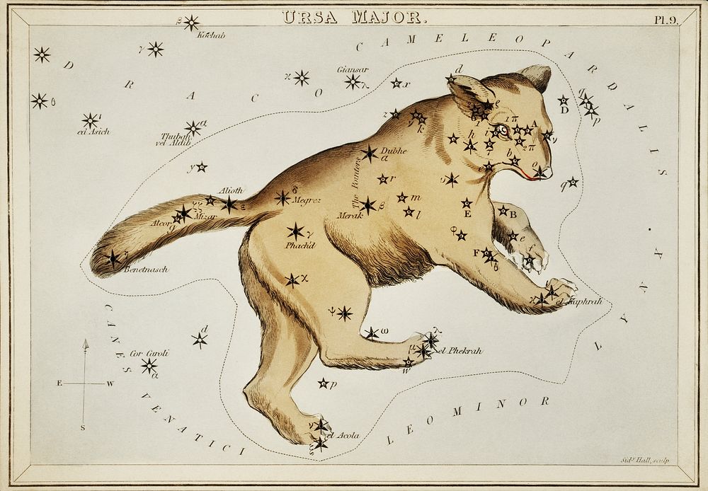 Sidney Hall&rsquo;s (1831) astronomical chart illustration of the Ursa Major. Original from Library of Congress. Digitally…