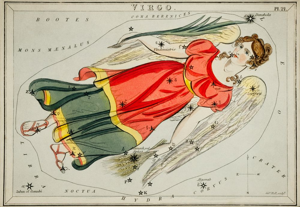 Sidney Hall&rsquo;s (1831) astronomical chart illustration of the Virgo. Original from Library of Congress. Digitally…