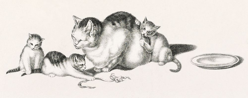 Illustration of domestic cat napping while three kittens play by Gottfried Mind (1768-1814). Original from Library of…
