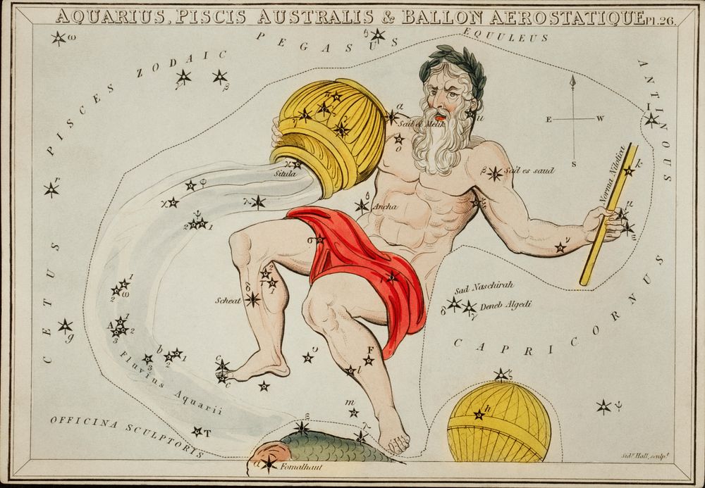 Sidney Hall&rsquo;s (1831) astronomical chart illustration of the zodiacs Aquaris, Piscis Australis and Ballon Aerostatique.…