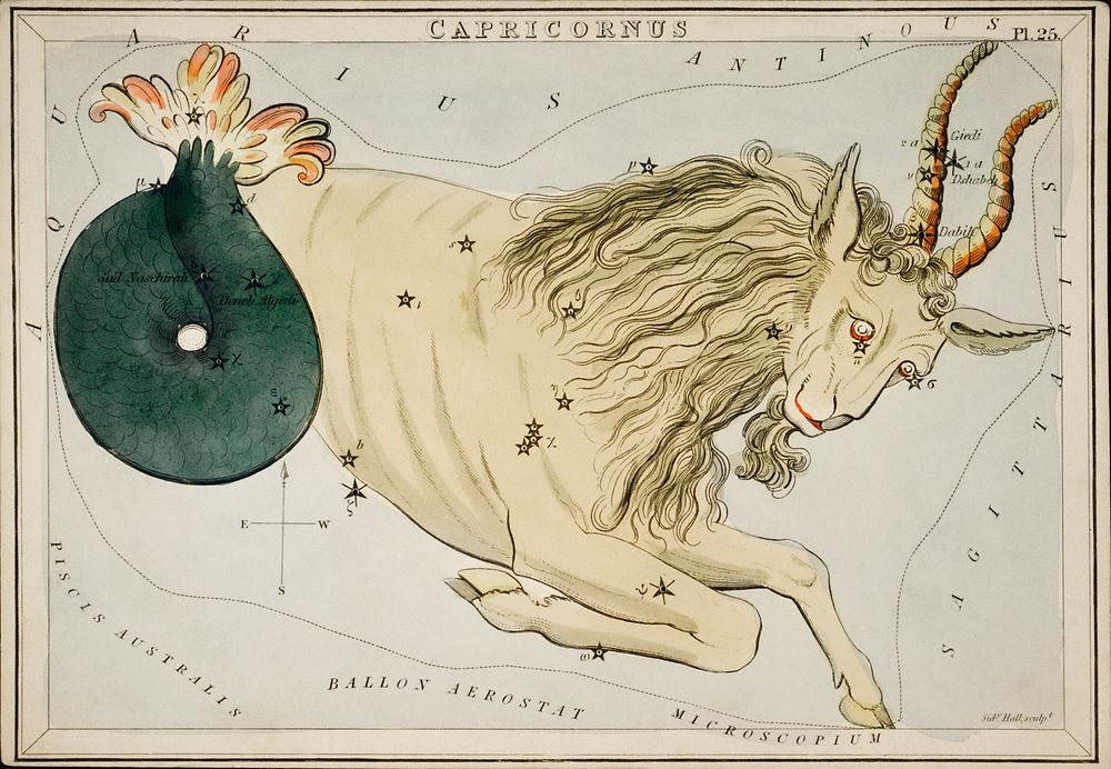 Sidney Hall&rsquo;s (1831) astronomical chart illustration of the zodiac Capricornus. Original from Library of Congress.…