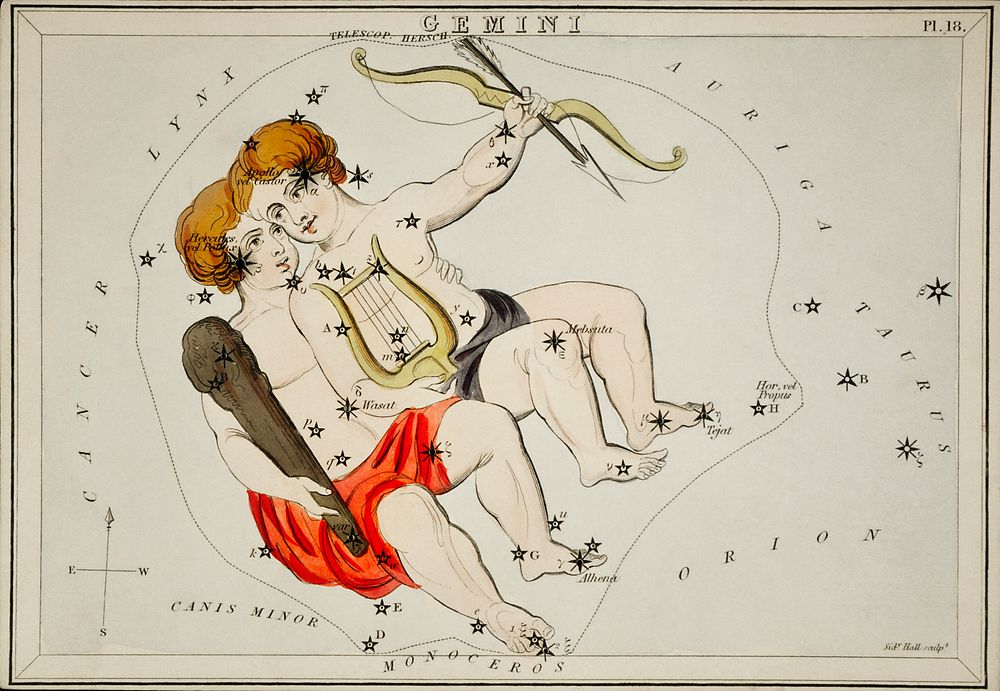 Sidney Hall&rsquo;s (1831) astronomical chart illustration of the zodiac Gemini. Original from Library of Congress.…