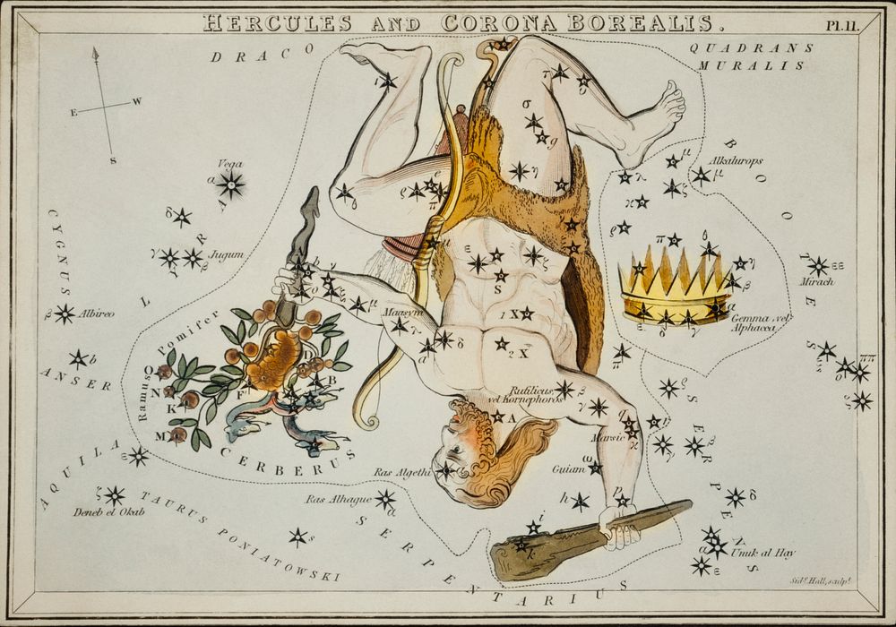 Sidney Hall&rsquo;s (1831) astronomical chart illustration of the Hercules and the Corona Borealis. Original from Library of…