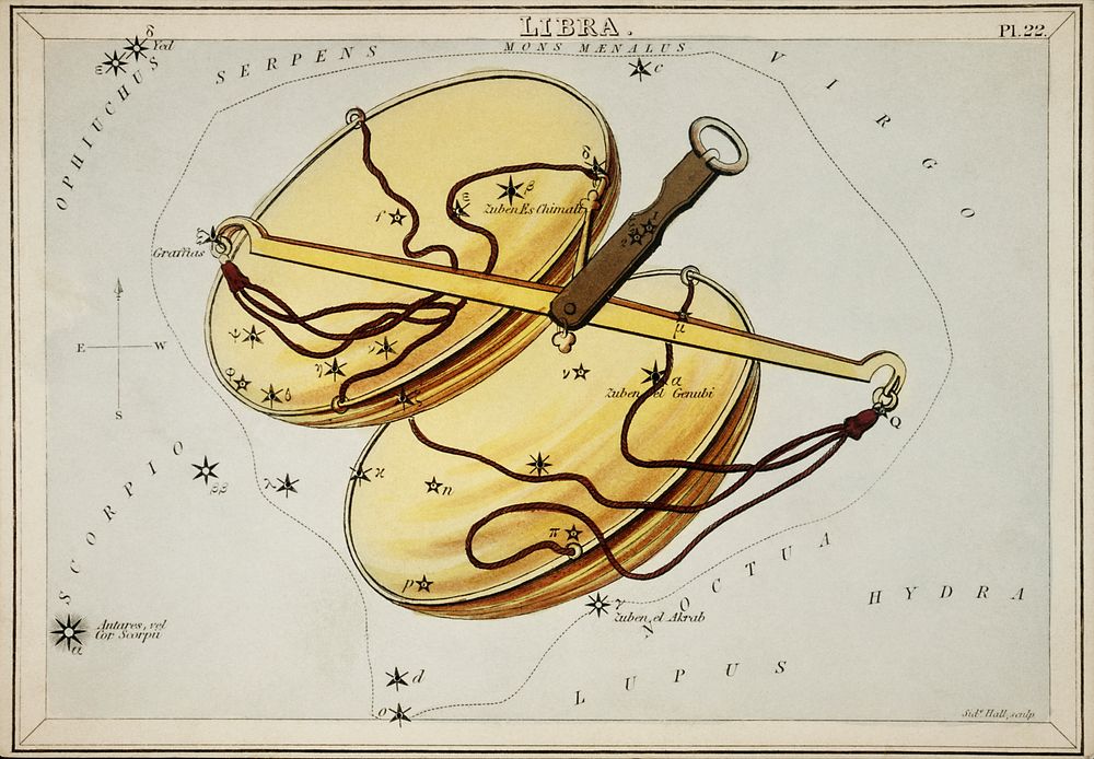 Sidney Hall&rsquo;s (1831) astronomical chart illustration of the Libra. Original from Library of Congress. Digitally…