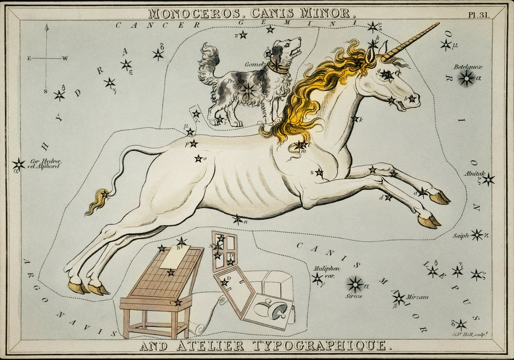 Sidney Hall&rsquo;s (1831) astronomical chart illustration of the Monoceros, Canis Minor and the Atelier Typographique.…
