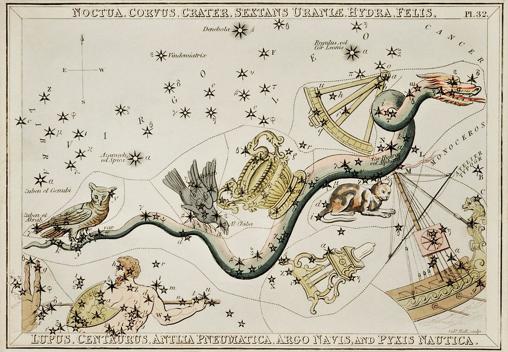 Sidney Hall&rsquo;s (1831) astronomical chart illustration of the Noctua, Corvus, Crater, Sextans Uraniae, Hydra, Felis…