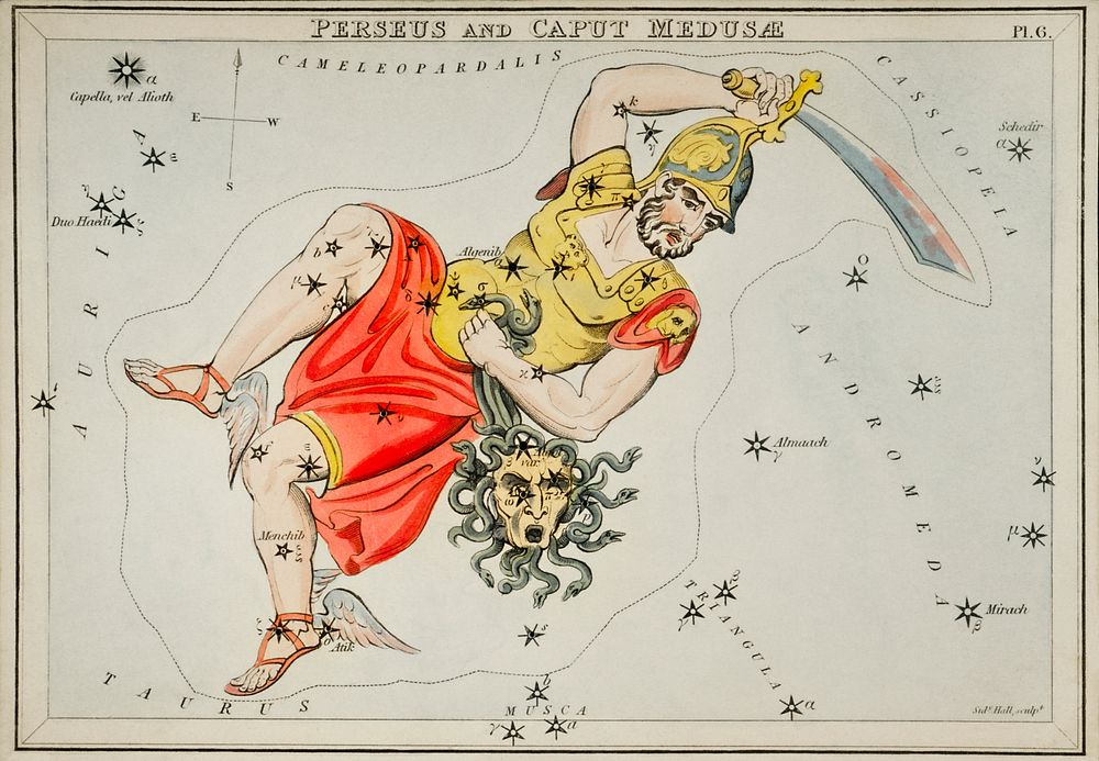 Sidney Hall&rsquo;s (1831) astronomical chart illustration of the Perseus and the Caput Medusae. Original from Library of…